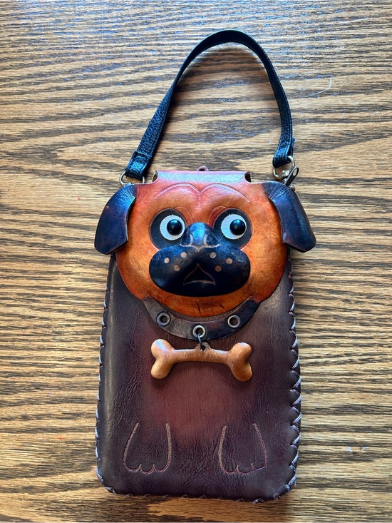 Source Unknown Handbags - Pug Dog Brown & Tan Leather Wallet Wristlet with Bone Charm